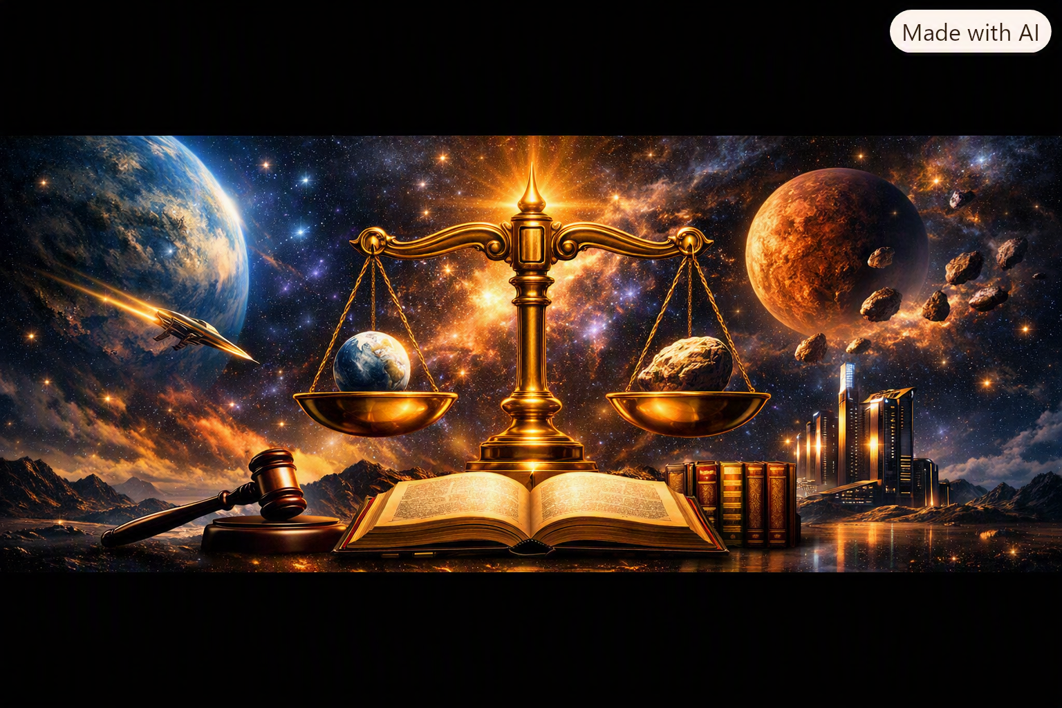 Golden scales of justice weighing Earth against an asteroid, set against a cosmic nebula with an open book of law